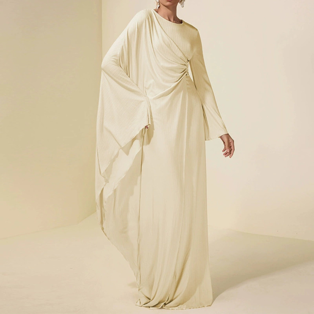 Forever 21 Round-Neck Asymmetric Pleated Long-Sleeve Apricot Dress